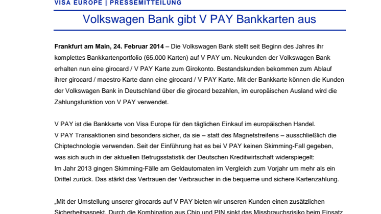 Volkswagen Bank gibt V PAY Bankkarten aus