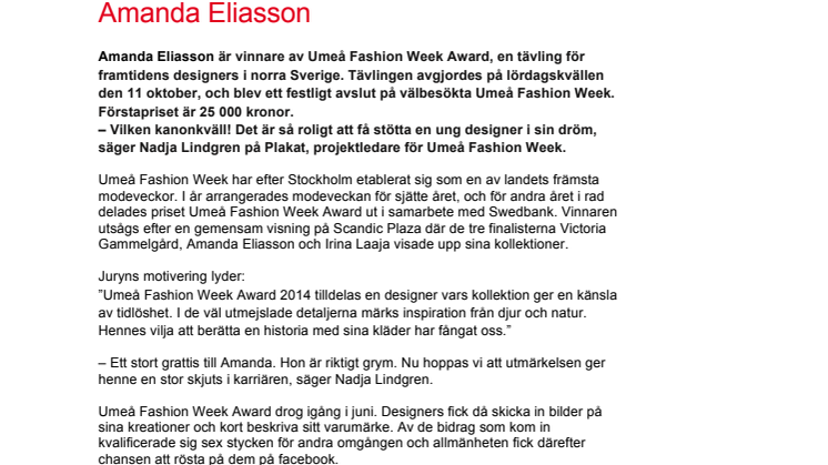Vinnare av Umeå Fashion Week Award: Amanda Eliasson