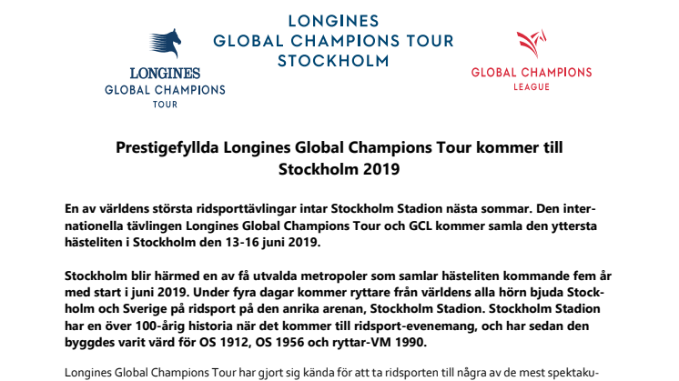 Nytt stort ridsportevenemang till Stockholm 2019