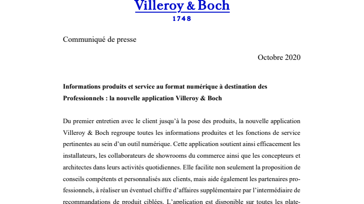 Informations produits et service au format numérique à destination des professionnels - la nouvelle application Villeroy & Boch 