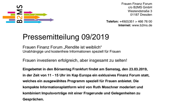 Frauen investieren erfolgreich, aber insgesamt zu selten! - Frauen Finanz Forum am 23.03.2019 in Frankfurt