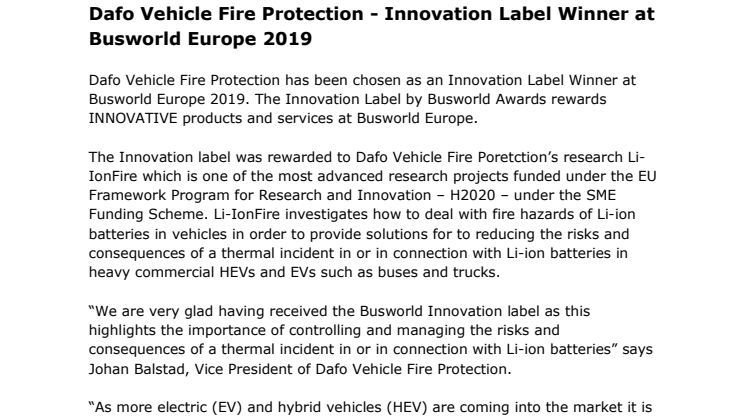 Dafo Vehicle Fire Protection - Innovation Label Winner at Busworld Europe 2019!