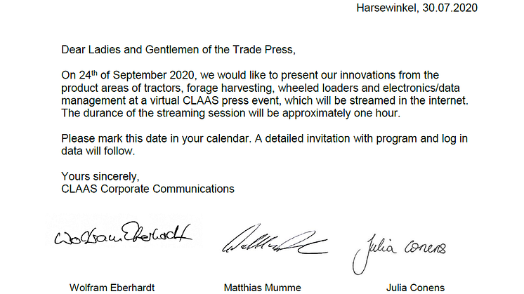 invitation virtual CLAAS press event