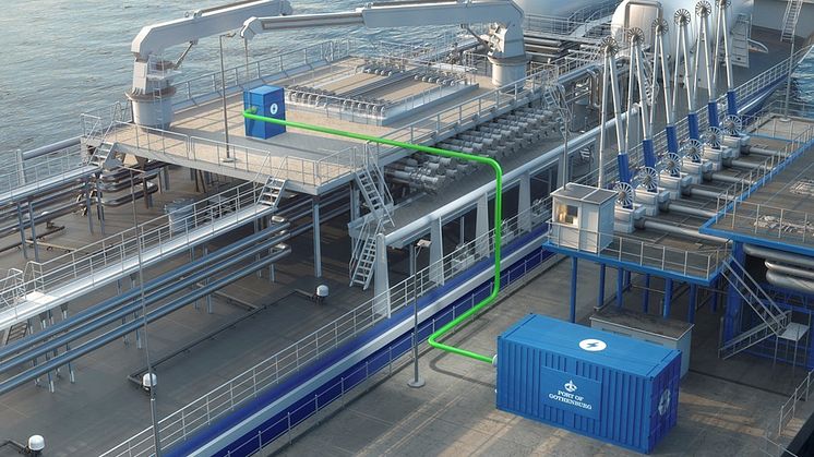Elanslutning via anslutningscontainrarna som kommer att anläggas permanent vid kajerna i Energihamnen. Illustration: Göteborgs Hamn