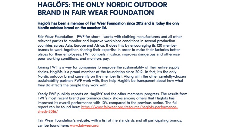 HAGLÖFS: THE ONLY NORDIC OUTDOOR BRAND IN FAIR WEAR FOUNDATION
