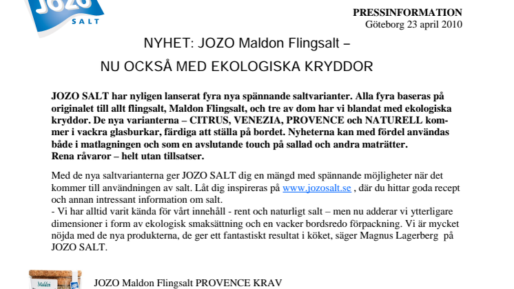 NYHET: JOZO Maldon Flingsalt – Nu också med ekologiska kryddor