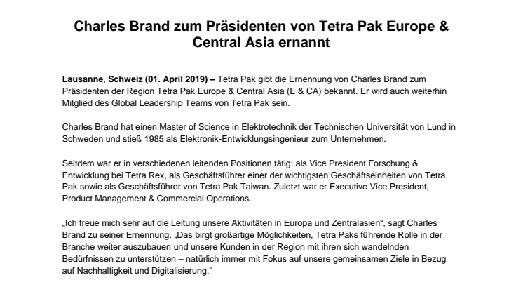 ​Charles Brand zum Präsidenten von Tetra Pak Europe & Central Asia ernannt