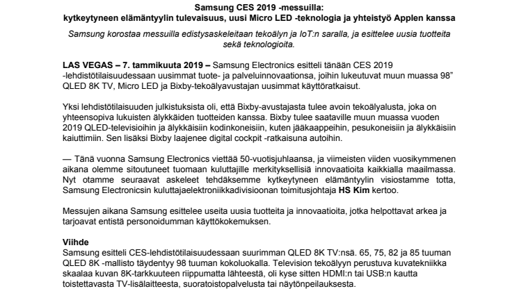 Samsung CES 2019 -messuilla: kytkeytyneen elämäntyylin tulevaisuus, uusi Micro LED -teknologia ja yhteistyö Applen kanssa