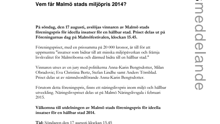 Vem får Malmö stads miljöpris 2014?