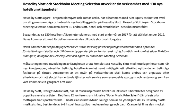 Hesselby Slott och Stockholm Meeting Selection utvecklar sin verksamhet med 130 nya hotellrum/lägenheter