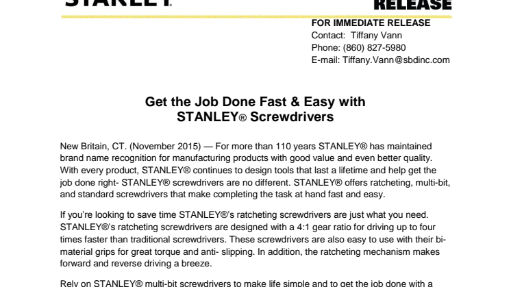 Get the Job Done Fast & Easy with  STANLEY® Screwdrivers