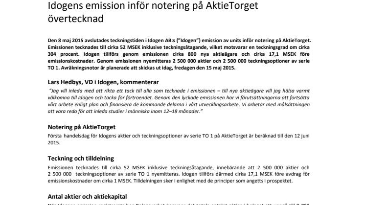 Idogens emission inför notering på AktieTorget övertecknad