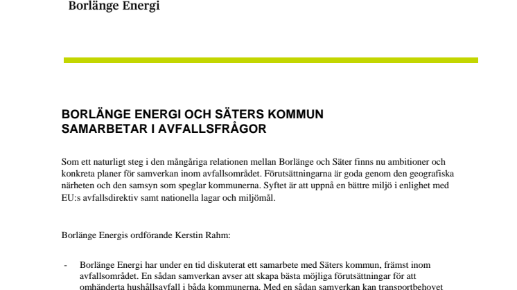 Borlänge Energi och Säters kommun samarbetar i avfallsfrågor