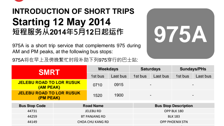 New Short Trip Bus Service 975A from 12 May 2014
