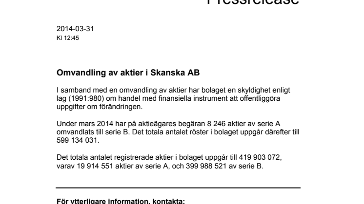 Omvandling av aktier i Skanska AB