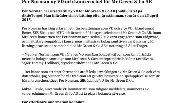 Per Norman ny VD och koncernchef för Mr Green & Co AB 