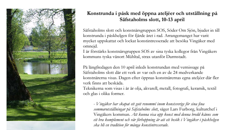 Konstrunda i påsk med öppna ateljéer och utställning på Säfstaholms slott, 10-13 april
