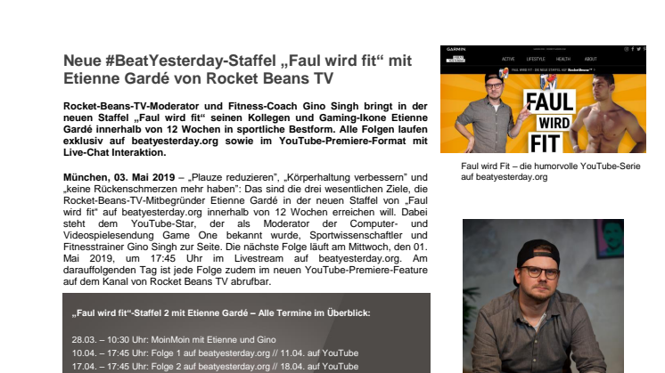 Neue #BeatYesterday-Staffel „Faul wird fit“ mit Etienne Gardé von Rocket Beans TV