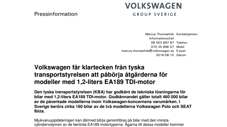 Volkswagen får klartecken från tyska transportstyrelsen att påbörja åtgärderna för modeller med 1,2-liters EA189 TDI-motor