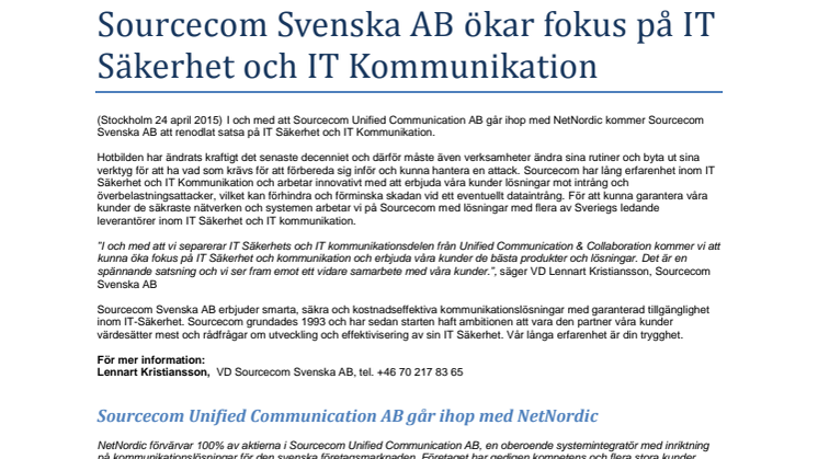 Sourcecom Svenska AB ökar fokus på IT Säkerhet och IT Kommunikation 
