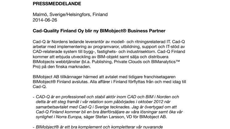 Cad-Quality Finland Oy blir ny BIMobject® Business Partner