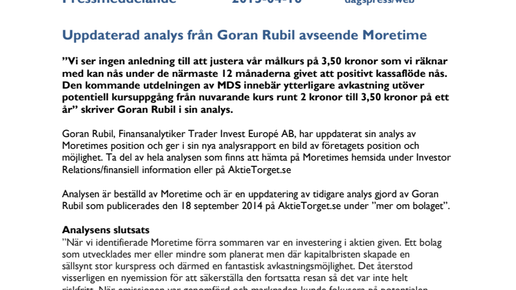 Uppdaterad analys från Goran Rubil avseende Moretime