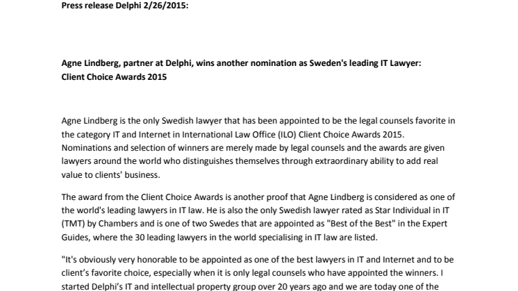 Agne Lindberg, partner at Delphi, wins another nomination as Sweden's leading IT Lawyer:  Client Choice Awards 2015
