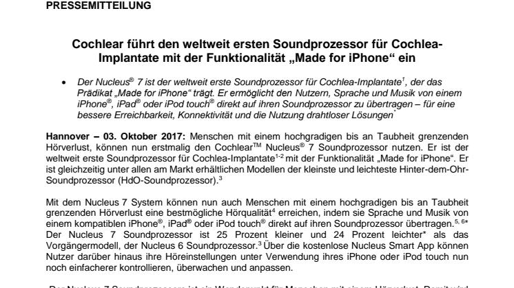 Cochlear führt den weltweit ersten Soundprozessor für Cochlea-Implantate mit der Funktionalität „Made for iPhone“ ein 