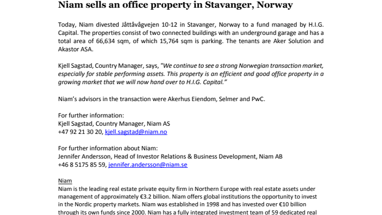 Niam sells an office property in Stavanger, Norway