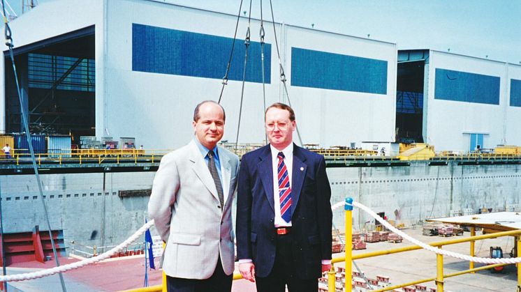 Stephen Payne (right) owner's Project Manager with Loris Di Giorgio, shipyard Project Manager, at the keel laying of Rotterdam VI.jpg