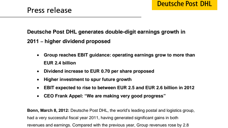 Tvåsiffrig vinsttillväxt för Deutsche Post DHL under 2011