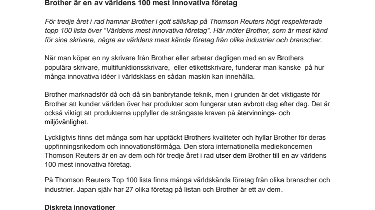 Brother är en av världens 100 mest innovativa företag