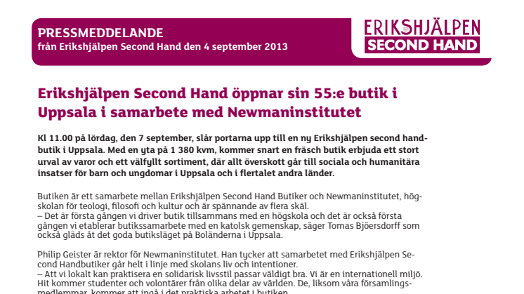 Erikshjälpen Second Hand öppnar sin 55:e butik i Uppsala i samarbete med Newmaninstitutet