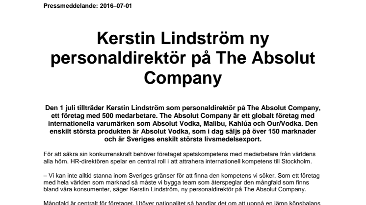 Kerstin Lindström ny personaldirektör på The Absolut Company