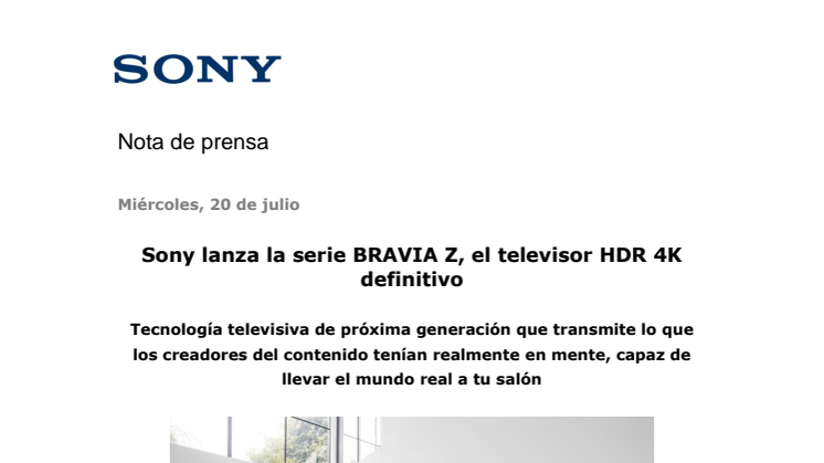 Sony lanza la serie BRAVIA Z, el televisor HDR 4K definitivo 