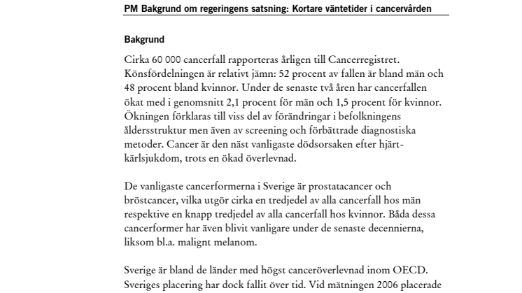 Socialdepartementets bakgrunds-PM om cancersatsningen