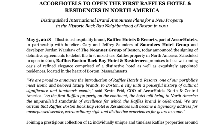 AccorHotels öppnar Nordamerikas första Raffles i Boston