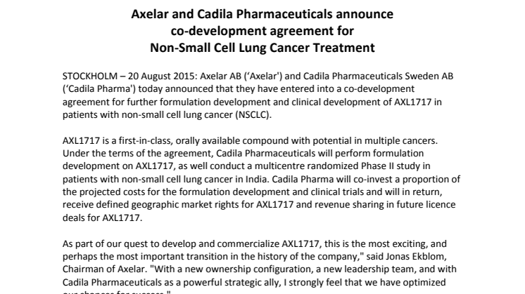 Axelar and Cadila Pharmaceuticals announce co-development agreement for Non-Small Cell Lung Cancer Treatment