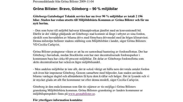 Gröna Bilister: Bravo, Göteborg – 90 % miljöbilar