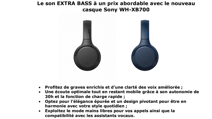 Le son EXTRA BASS à un prix abordable avec le nouveau casque Sony WH-XB700
