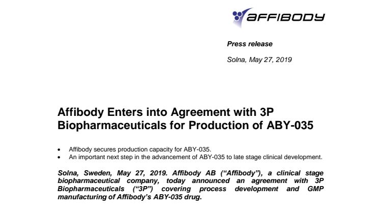 Affibody Enters into Agreement with 3P Biopharmaceuticals for Production of ABY-035