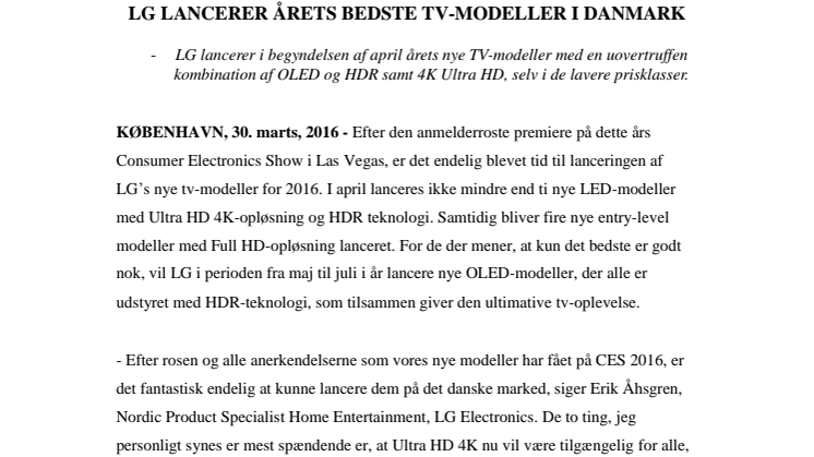 LG LANCERER ÅRETS BEDSTE TV-MODELLER I DANMARK