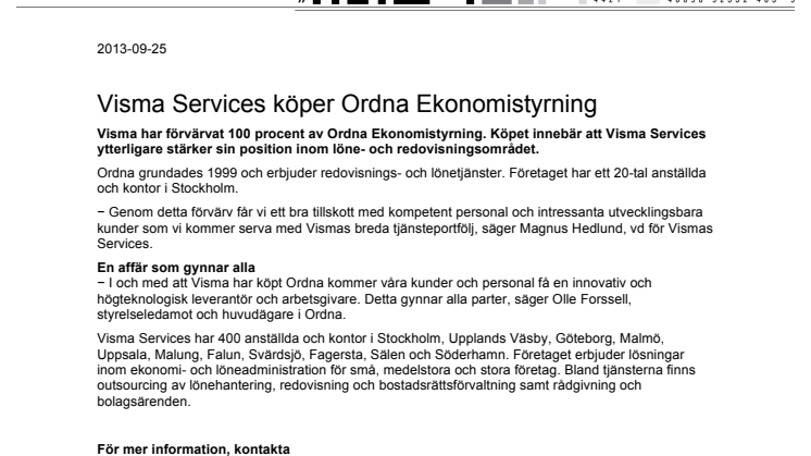 Visma Services köper Ordna Ekonomistyrning