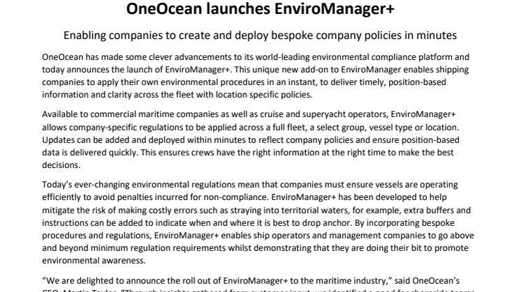 OneOcean launches EnviroManager+