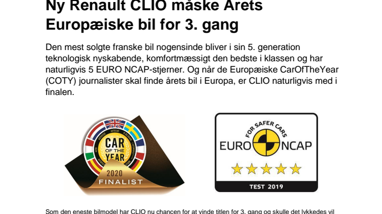 Ny Renault CLIO måske Årets Europæiske bil for 3. gang