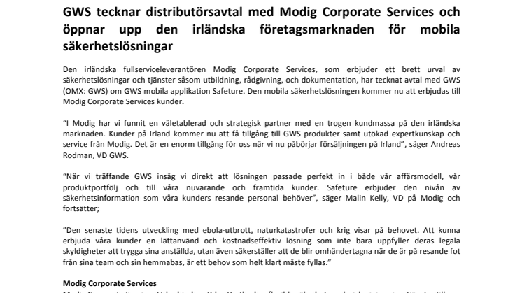 GWS tecknar distributörsavtal med Modig Corporate Services och öppnar upp den irländska företagsmarknaden för mobila säkerhetslösningar