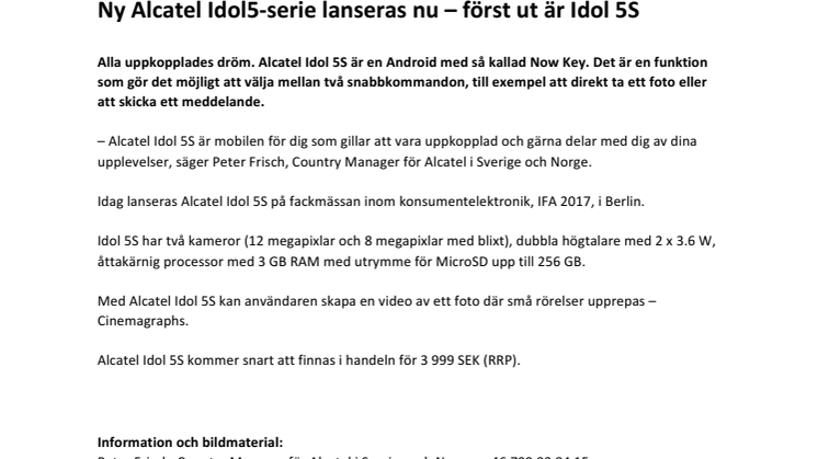 Ny Alcatel Idol5-serie lanseras nu – först ut är Idol 5S  