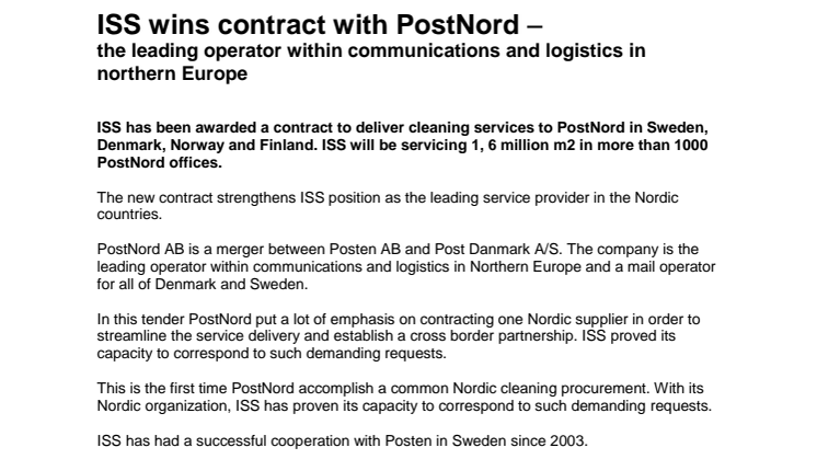 ISS wins contract with PostNord – the leading operator within communications and logistics in northern Europe
