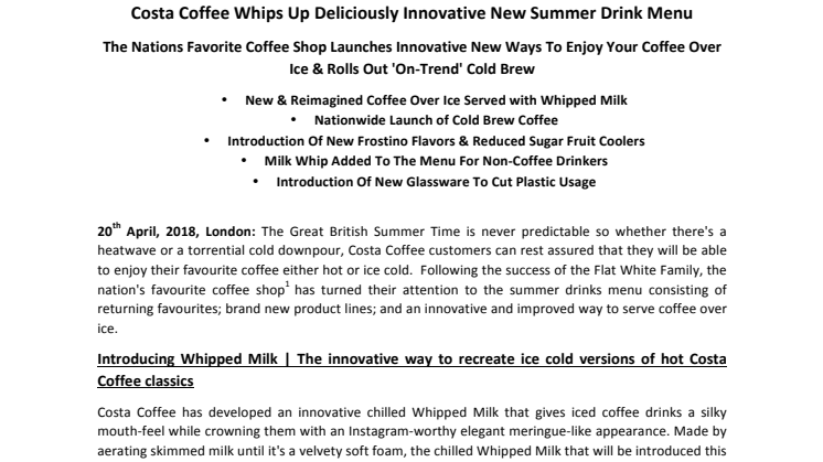 Costa Coffee Whips Up Deliciously Innovative New Summer Drink Menu