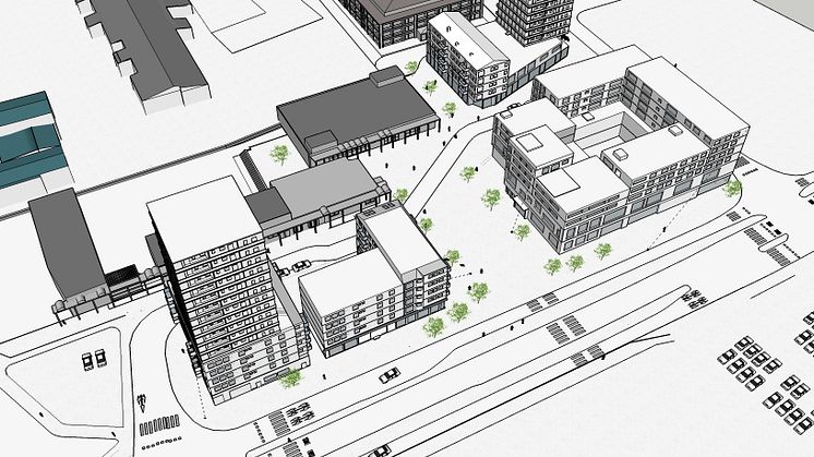 På skissbilden syns de tre kvarter som ingår i detaljplanen, och som möjliggör för fler bostäder och verksamhetslokaler. Det är i kvarteret till höger, som det planeras för vårdcentral, vårdboende samt hyresrätter. (Skiss: White arkitekter)